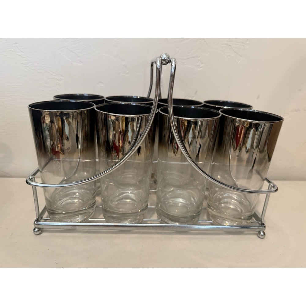 Vtg MCM Queens Lusterware Dorothy Thorpe Style Silver Fade Glass Set 8 W/ Caddy‎
